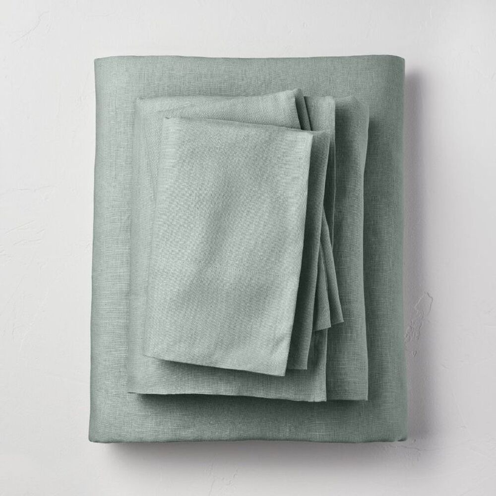 Queen 100% Washed Linen Solid Sheet Set Sage Green - Casaluna
